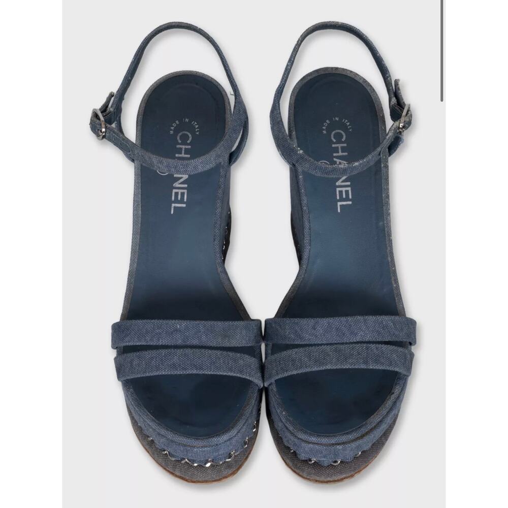 Chanel Blue Denim Wedge Sandals, Size 39.5 - Picture 2 of 6